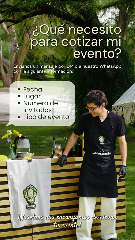 Historia de Sabina con los datos para cotizar un evento, junto a la barra montada